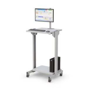 Mobile utility computer cart with shelving, 42" standing height, designed for versatile workspace solutions and easy mobility.