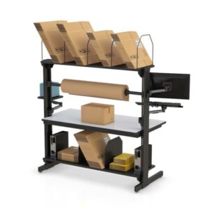 Ergonomic workbenches designed for packing and shipping, featuring suspended solutions for enhanced efficiency and comfort.