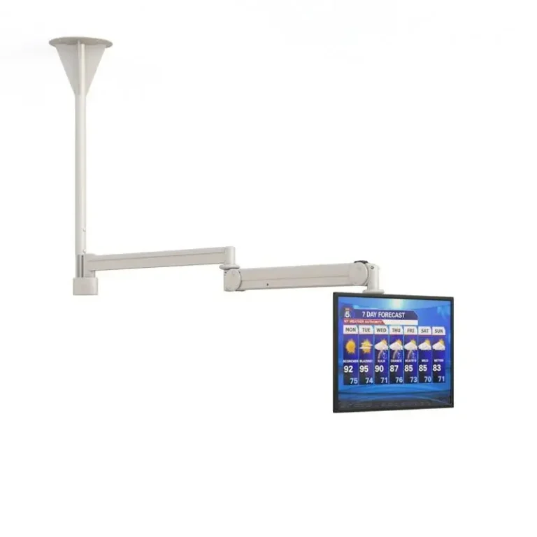 Ergonomic ceiling mount for computer monitors, designed for optimal positioning and space-saving solutions in work environments.